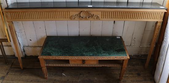 Adam style carved bleached wood marble topped console table & coffee table(-)